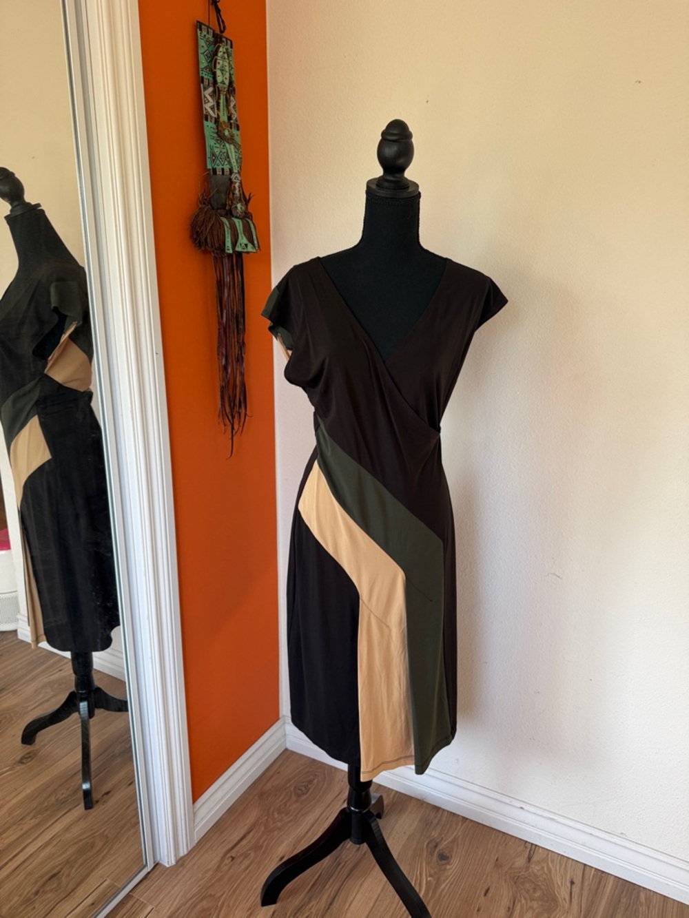 Womens Black Colorblock Wrap Dress with Olive and Beige Panels